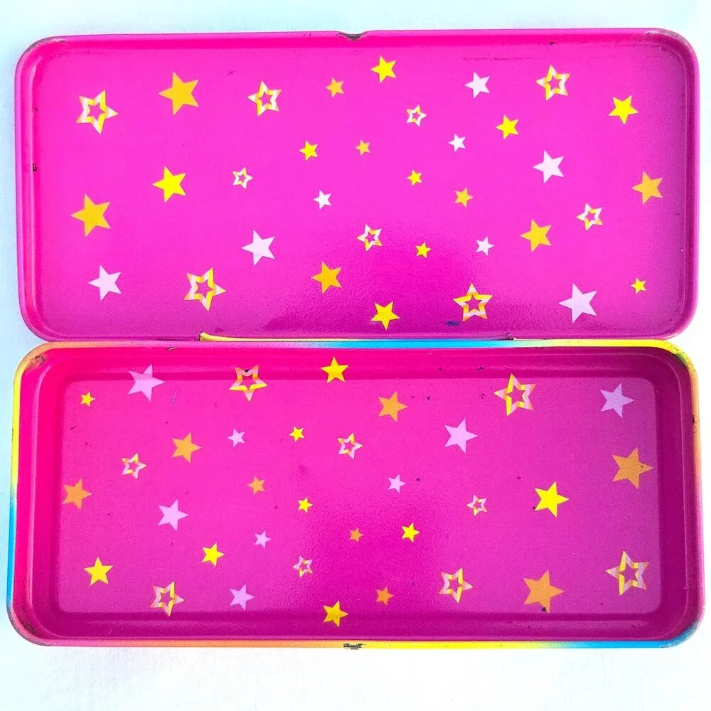 90s Sanrio Hello Kitty Pencil Box Metal Tin Pastel Rainbow Stars Japan
